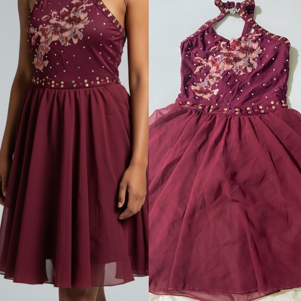 Glamour burgundy red solo rhinestoned embellish Dance Costume dress SA adult
